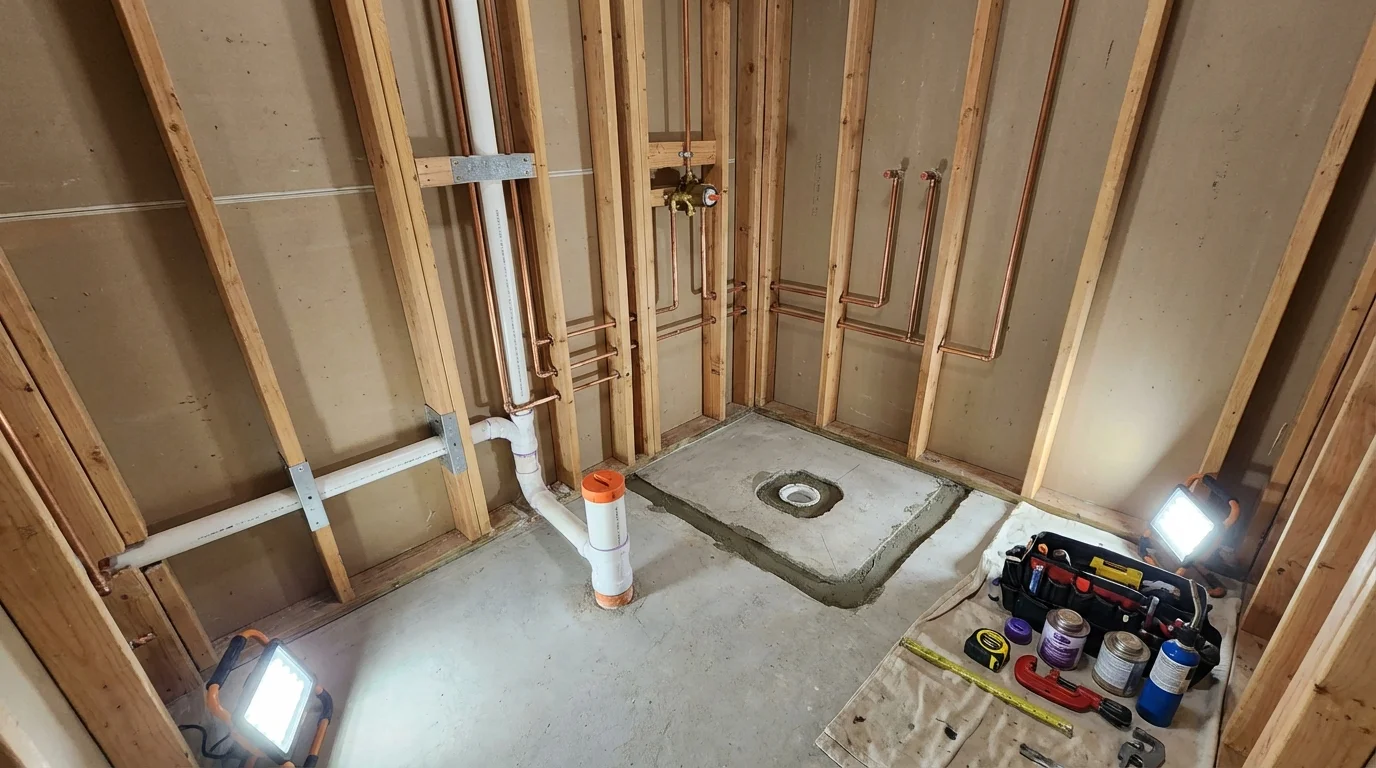 Bathroom rough-in plumbing during remodel by Johns Plumbing LLC in Catasauqua