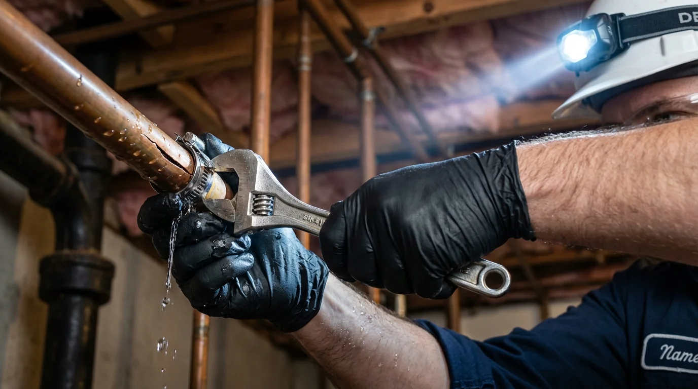 Emergency pipe clamp repair being performed by a Johns Plumbing LLC plumber in Catasauqua