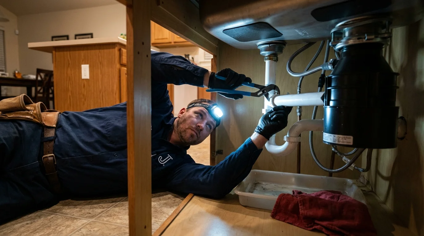 P-trap and supply line connections under a kitchen sink showing a common leak point in Catasauqua, PA